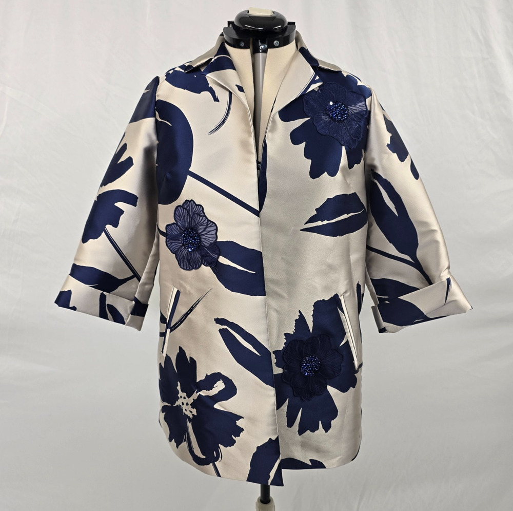Chico's Travelers Jacquard Floral Jacket Women's M Blue Casa Open Front NWT